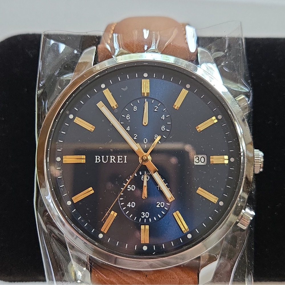 Burei 45mm Chrono Mens Watch. Brown Leather Strap,Quartz Mvmnt,Blue Dial,Analog